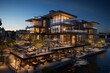 Modern waterfront development with sleek bars and upscale dining as the sun sets, Generative AI