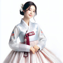 Korean woman dressed up in hanbok, beautiful woman in traditional costume, young woman with clear skin, want to be girlfriend. Generative AI