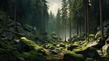 Wilderness Landscape Forest With Pine Trees And Moss