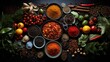an assortment of spices and ingredients on a black countertop, in the style of innovative page design, rustic scenes, aerial view, light aquamarine and red, martin rak, expansive, tondo