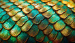 © Alberto Masnovo - Extreme close-up of the scales of a gold, green and turquoise reptile, dragon, dinosaur, fish or mermaid. Background with copy space.