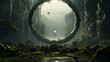 A serene forest scene reveals a mysterious, crystal-clear pool nestled within a hidden cave, with a large, round boulder adding an enchanting touch to the natural landscape