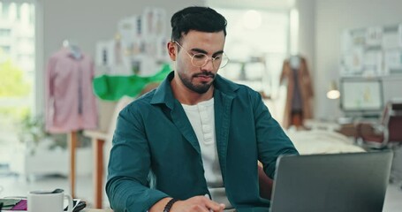 Poster - Fashion, stress and man with a laptop, business and connection with digital app, research for industry and email. Person, employee or entrepreneur with a computer, designer or deadline with internet