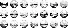 Set Of Circular Black And White Vector Landscapes, Each Sketched Within A Distinct Circle, Showcasing A Variety Of Scenic Views.