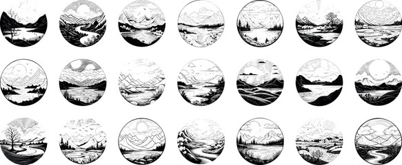 set of circular black and white vector landscapes, each sketched within a distinct circle, showcasin