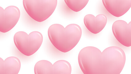 Poster - Romantic background with 3d pink glossy hearts for wedding invitations or Valentine's Day holiday greetings graphic design. Vector Illustration.	