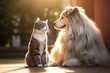 Portrait of cat and dog happy friends sitting together. Pets friendship