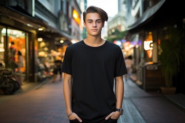 Wall Mural - Teenager wearing black t-shirt, city street scene, modern lifestyle