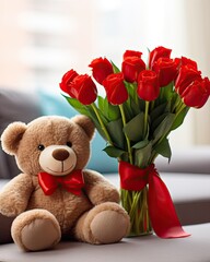 cute fluffy brown teddy bear with a bouquet of red roses