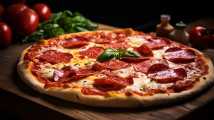 Wall Mural - delicious italian pizza slice - hot, crunchy, and fresh with salami, tomato, mozzarella - traditional rustic ingredients for dinner, lunch, or snack at a pizzeria in italy