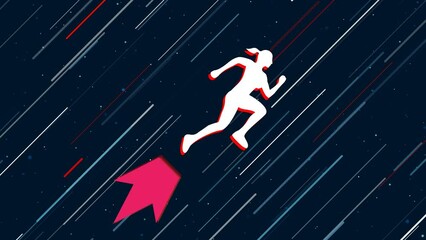 Poster - Running woman symbol flies through the universe on a jet propulsion. The symbol in the center is shaking due to high speed. Seamless looped 4k animation on dark blue background with stars
