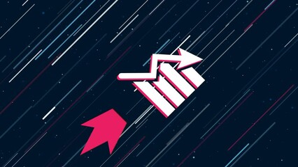 Poster - Chart down symbol flies through the universe on a jet propulsion. The symbol in the center is shaking due to high speed. Seamless looped 4k animation on dark blue background with stars