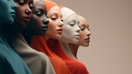 Wall Mural - women of different skin tones and different nationalities stand in profile and in a row next to each other, wrapped in hijabs of different solid colors