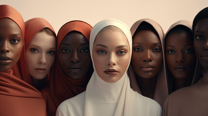 Wall Mural - women of different skin colors and different nationalities stand in a row next to each other with their faces pressed together, wrapped in hijabs of different solid colors