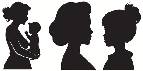 Mom silhouettes and icons. Black flat color simple elegant white background Mom vector and illustration.