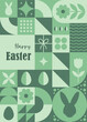 Neo geometric Easter poster. Modern abstract background. Vertical flyer, greeting card, header for website. Pattern with green simple symbols. Vector illustration in bauhaus minimalist style.