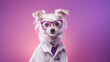 Stylish Canine As A Scientist: Dog In Lab Coat With Hip Accessories Against Pastel Background