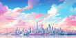 Watercolor modern city background with skyscrapers and clouds illustration