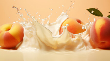 Wall Mural - Milk splash with peach. Sweet dessert cream sweet. Milkshake concept. Generative AI