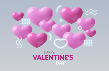 Wall Mural - Valentine's Day greeting card with 3D pink hearts and neon abstract decorations. Modern three dimensional holiday banner design for February 14. Vector illustration.
