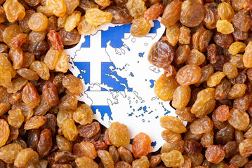 Sticker - Flag and map of Greece on raisins. Concept of making raisins of grape in Greece