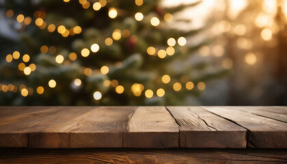 Wall Mural - Rustic wood table with christmas tree and copy space