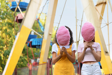 Wall Mural - Women covering faces with cotton candies outdoors. Space for text