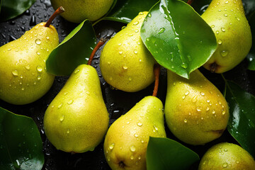 Wall Mural - Fresh ripe pears with water drops background. Fruits backdrop. Generative AI