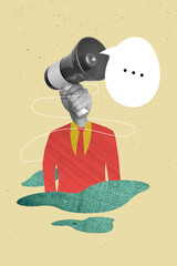 Sticker - Creative retro template magazine collage of man in formal suit with bowtie megaphone instead head say news isolated on yellow background