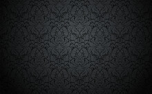 Vector Dark Damask Wallpaper Design. Vintage Wallpaper Pattern With Gray Floral Elements On Black. . Elegant Luxury Texture With Pale  Subtle Tones.