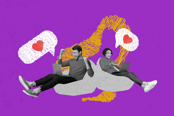 Wall Mural - Photo collage of young boyfriend celebrating his match in dating app online with girlfriend find partner isolated on magenta background