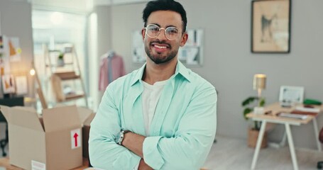 Wall Mural - Fashion designer, happy man and office, workshop or startup for textile production, clothes and small business. Face of a young seller or entrepreneur with arms crossed for logistics and confidence