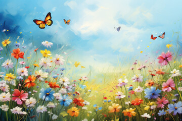 Wall Mural - beautiful flower field with butterfly flying around