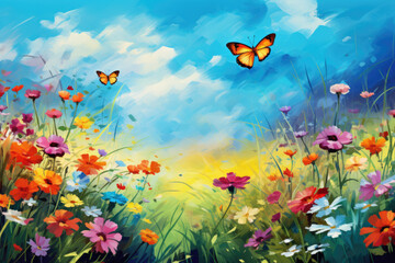 Wall Mural - beautiful flower field with butterfly flying around