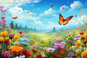 Wall Mural - beautiful flower field with butterfly flying around