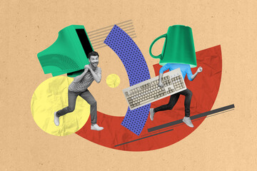 Poster - Photo collage artwork minimal picture of funny workers holding vintage computer isolated graphical background