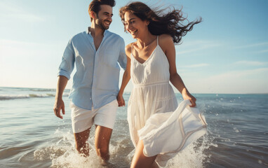 Wall Mural - young indian couple enjoying at sea beach