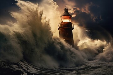 Sticker - Terrifying huge Storm waves hitting light house at night