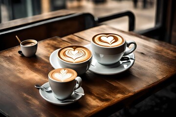 A quaint café table with two steaming cups of coffee and heart-shaped latte art