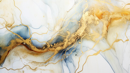 Marble ombre, alcohol ink, abstract art. Background made of white, gold and light blue paints, gold veins. Generative AI