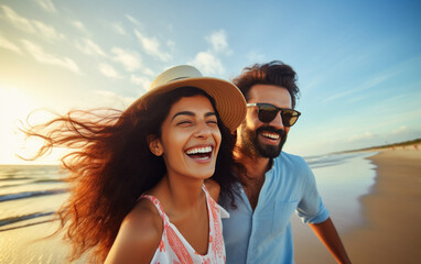 Wall Mural - young indian couple enjoying at sea beach