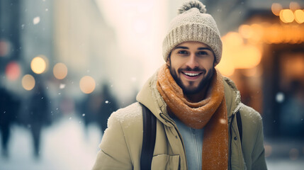 Wall Mural - A handsome and attractive man wearing a scarf and a yellow winter jacket with a cap, standing on a snowy city street in winter, smiling, looking at the camera. Pretty male outside in the cold weather