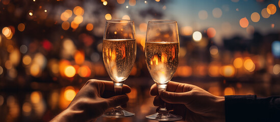 Glasses of champagne in hands on an abstract golden background with bokeh