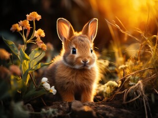 Canvas Print - A small rabbit sitting in a field of flowers and grass, AI