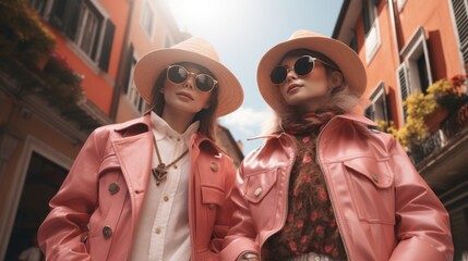 Canvas Print - Two women wearing hats and pink jackets standing next to each other, AI