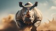 A rhino is running through the dirt with dust flying, AI