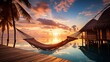 Relax vacation leisure lifestyle on exotic tropical beach, palm tree hanging calm sea. Paradise beach landscape, water villas, sunrise sky clouds amazing reflections. Beautiful nature