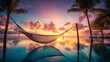 Relax vacation leisure lifestyle on exotic tropical beach, palm tree hanging calm sea. Paradise beach landscape, water villas, sunrise sky clouds amazing reflections. Beautiful nature