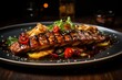 A tantalizing plate of grilled eel with a colorful array of fresh veggies and a flavorful sauce, showcased on a vintage wooden table