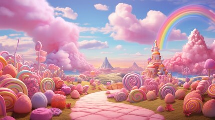 Wall Mural - Colorful pastel candy landscape. pink castle or palace in the land of sweets. road among sweets and lollipops